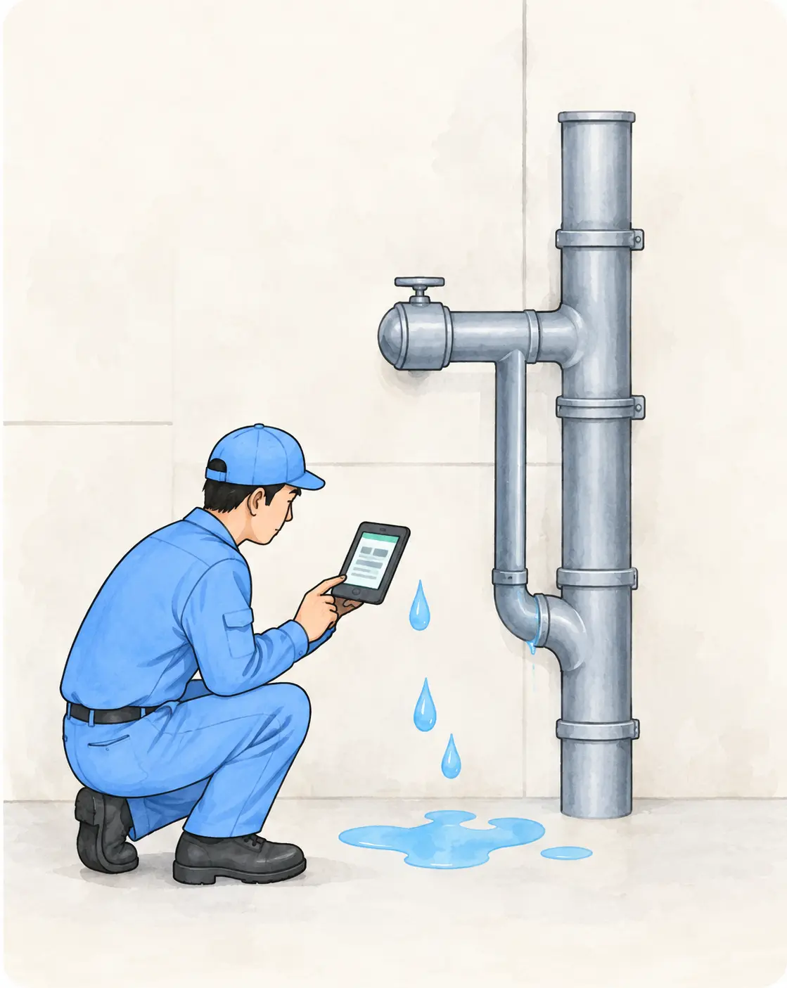専門機器を使って漏水を確認する作業員