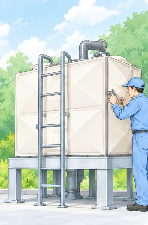 貯水槽を点検する作業員